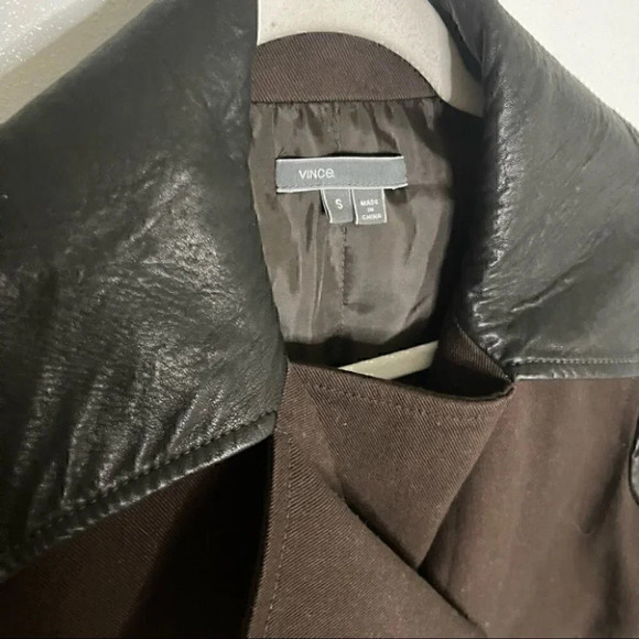 Vince Double Breasted Brown Pea Coat with Faux Leather Sleeves and Collar - Picture 6 of 9
